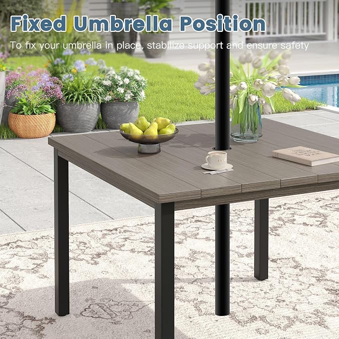 DIFY 5 Piece Outdoor Patio Dining Set for 4, 40.2" Grey Wood-Like Square Metal Dining Table & Swivel Patio Chairs with Sandshell Padded Textilene, All-Weather Outdoor Furniture Set for Garden Backyard