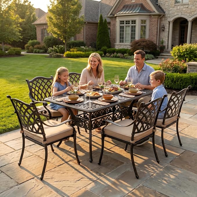 7 Piece Outdoor Dining Set Cast Aluminum, Retro Patio Dining Set for 6 Includes 59” Rectangular Table with Thicker Cushions and Umbrella Hole for Patio Deck Garden