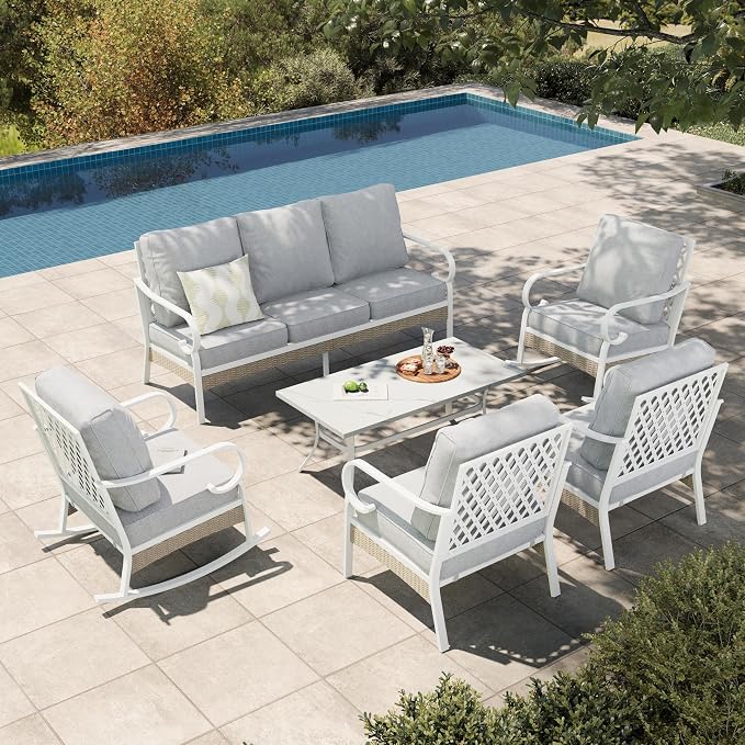 HERA'S HOUSE 6 Piece Metal Patio Furniture Set, All Weather Outdoor Conversation Set with 3-Seat Sofa, 2 Rocking Chairs, 2 Fixed Chairs & Coffee Table, 7 Seats for Backyard, Garden, Deck, White/Grey