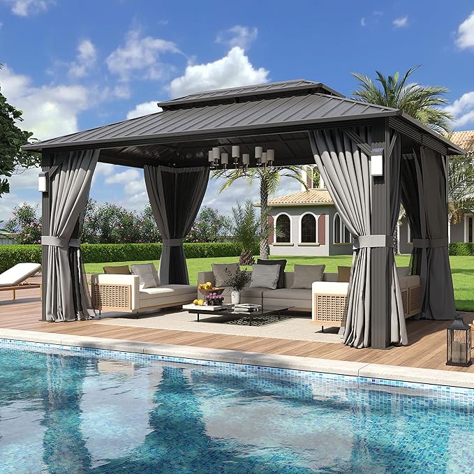 Aoxun 14'x10' Hardtop Gazebo with 4 LED Lights, Outdoor Gazebo with Galvanized Steel Double Roof, Patio Gazebo with Breathable Netting & Privacy Curtain, Decor Hooks for Backyard, Gray