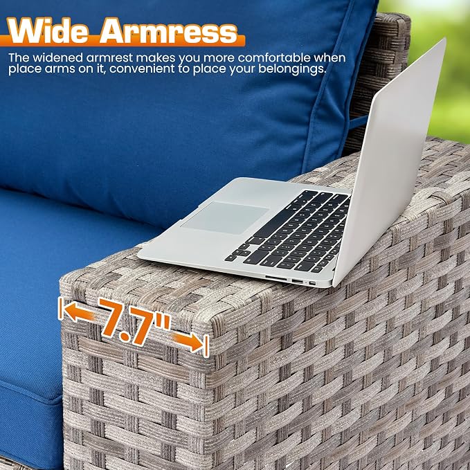 6 Pieces Patio Furniture Set, Outdoor Wicker Sectional Sofa with 7.7" Extra Wide Armrests, Modern Rattan Modular Conversation Set with Thickened Deep Seat Cushions for Backyard, Navy Blue