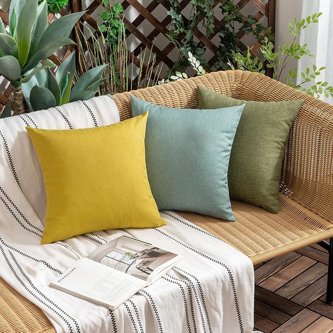 Outdoor Waterproof Throw Pillow Covers Teal 16x16 Set of 2 | Decorative Farmhouse Linen Pillowcases Solid Cushion Cases for Patio Tent Balcony Couch Sofa Living Room