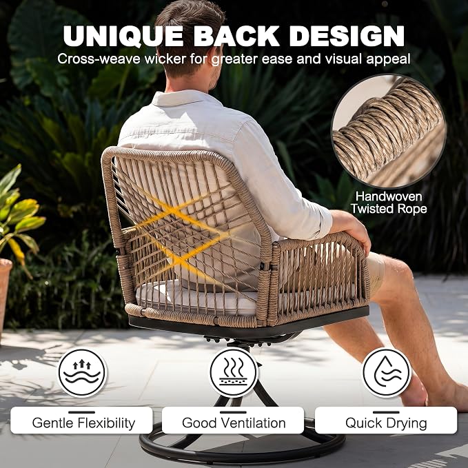 NUU GARDEN 5-Piece Patio Dining Set, Slatted Table with Umbrella Hole, 4 Swivel Chairs with Beige Cushions, Handwoven Double-Layer Twisted Rattan, Powder-Coated Metal Frame, Brown and Black