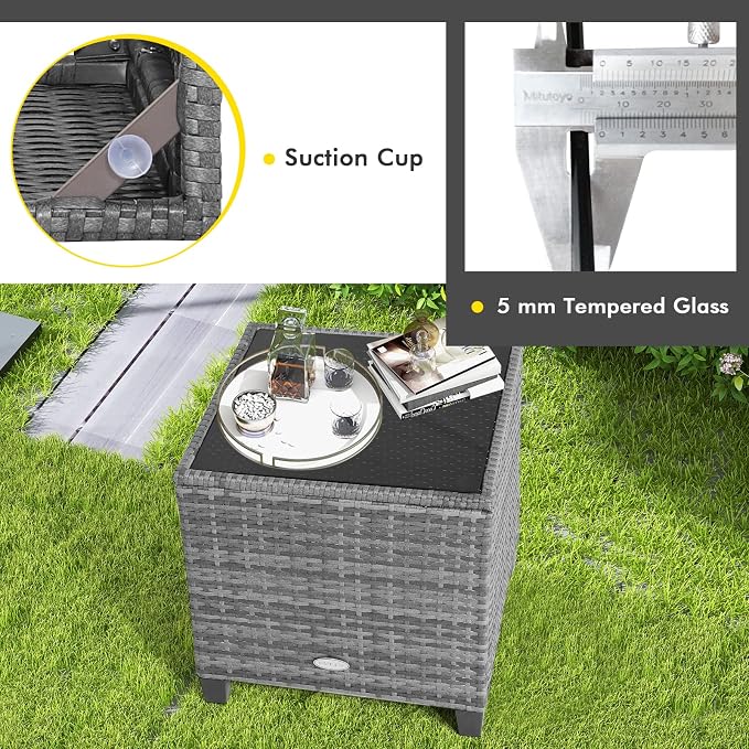 Tangkula 3 Pieces Patio Furniture Set, Outdoor PE Rattan Conversation Chair Set with Tempered Glass Side Table and Removable Cushions, PE Wicker Chairs and Table Set for Porch, Balcony and Garden