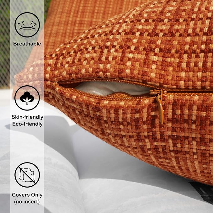 Kevin Textile Outdoor Waterproof 24"x24" Pillow Covers 2 Pack, Burnt Orange | Fall Water Resistant, Faux Linen Yarn-dyed, Woven Texture Euro Throw Pillow Covers for Tent Patio Garden Couch Sofa