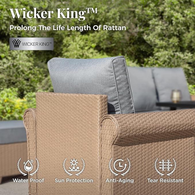 MIXPATIO Patio Furniture Set, 4 Piece Wicker Outdoor Furniture Set with Fire Pit Table & Thick Waterproof Cushions, 5 Seats Patio Conversation Set for Backyard Deck, Gray