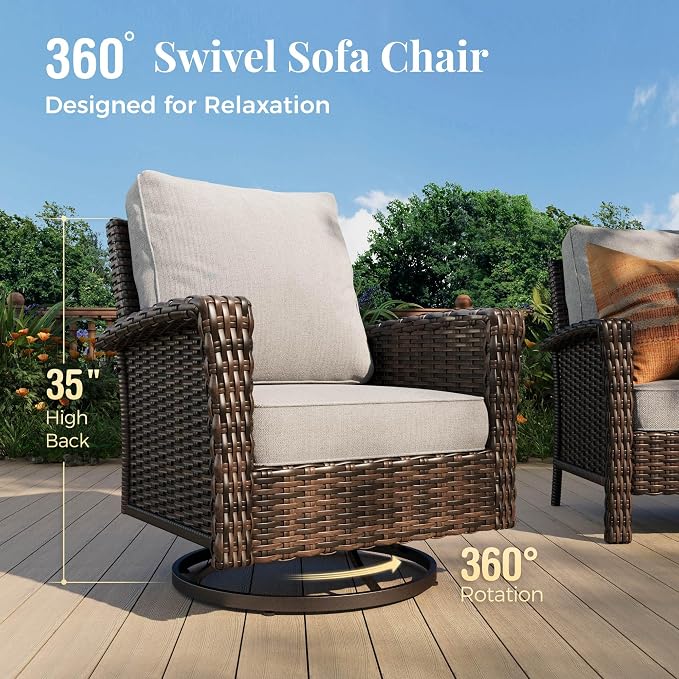 MIXPATIO 6-Piece Wicker Patio Furniture Set with Swivel Chairs, High Back Outdoor Furniture with Fire Pit Table and Ottoman, All-Weather Wicker Patio Conversation Set for Deck Yard Pool, Grey