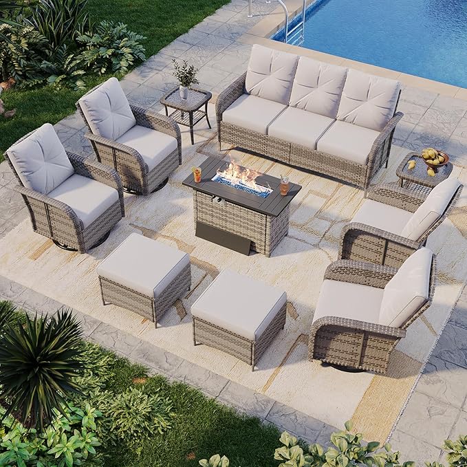 Aoxun 10-Piece Patio Furniture Set with 44” Fire Pit Table, Wicker Rattan Outdoor Sectional Sofa with High Back Swivel Rocker Chairs, Outdoor Patio Furniture Set with Thick Cushions & Ottoman, Grey