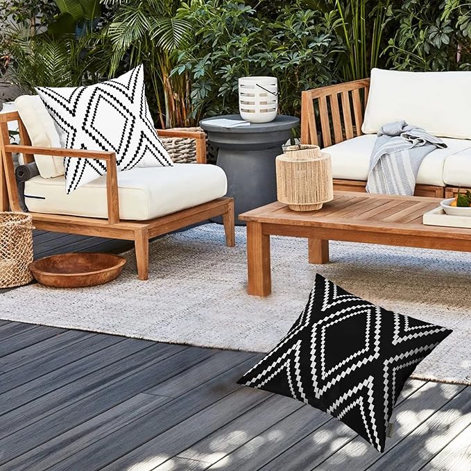 Outdoor Pillows Cover Waterproof Set of 2, Geometric Black and White Throw Pillows Cover for Patio Furniture, Outdoor Pillow Covers for Couch, Black (Black&White-01, 16x16 Inch)