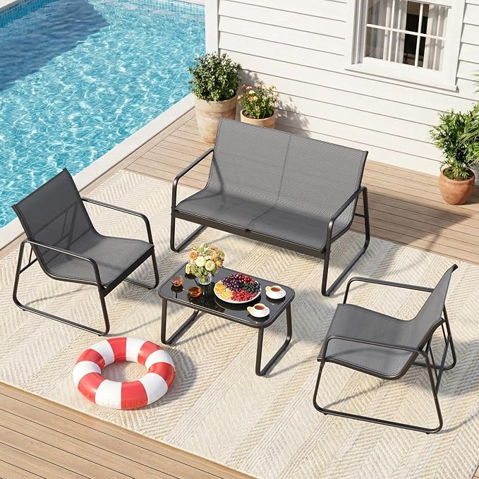 Gizoon 4 Piece Patio Furniture Set, Outdoor Conversation Set, with Glass Coffee Table, Loveseat, 2 Single Chairs, All Weather Textile Fabric, for Backyard, Balcony, Lawn, Garden, Poolside, Grey