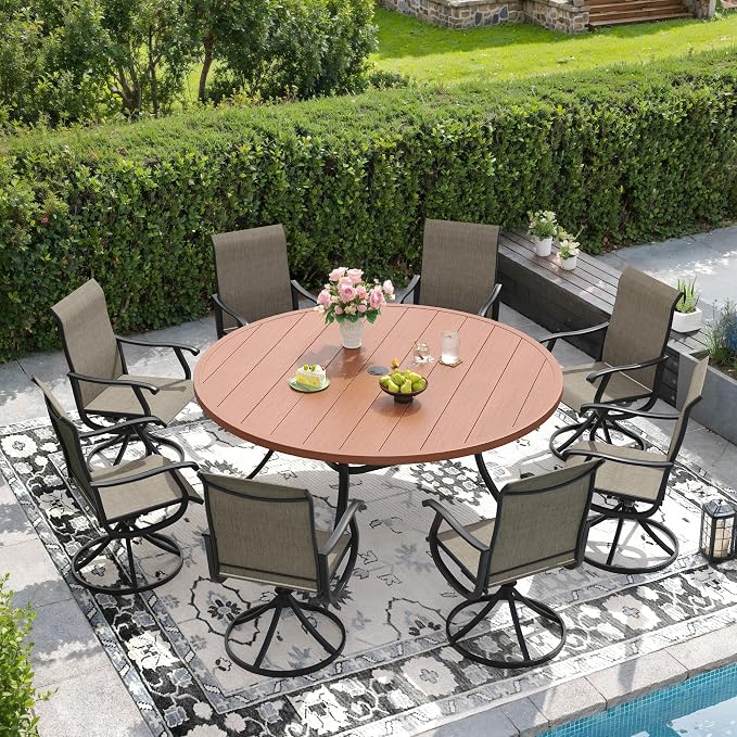 DIFY Outdoor Dining Set for 8, 9 Piece Patio Table and Chairs Set, Swivel Patio Dining Chairs with Brown Textilene & 60" Walnut Round Metal Dining Table with Umbrella Hole, for Garden Backyard Deck