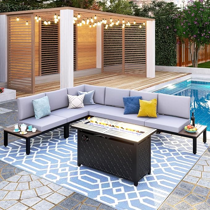 PHI VILLA Metal Patio Furniture Set with Fire Pit Table 6 Piece Modular Modern Outdoor Sectional Sofa Garden Bench Set with Wrought Iron, Light Grey Cushion