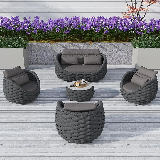 TWT Outdoor Patio Furniture Set-5 Pieces Aluminum Sectional Sofa, Metal Patio Conversation Set with Loveseat & Armchair, Textile Rope and Coffee Table, Dark Grey