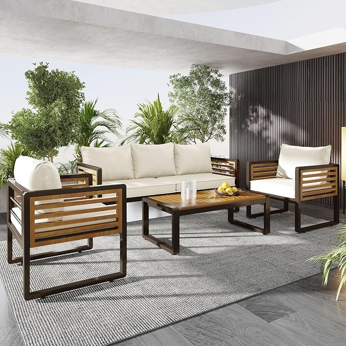 Merax 4-Piece Large Size Outdoor Conversation Sofa Set, Metal and Acacia Wood Frame Sofa with Removable Cushions, Waterproof & UV-Resistant, 5-Person Patio Furniture for Garden Backyard, Beige+Brown