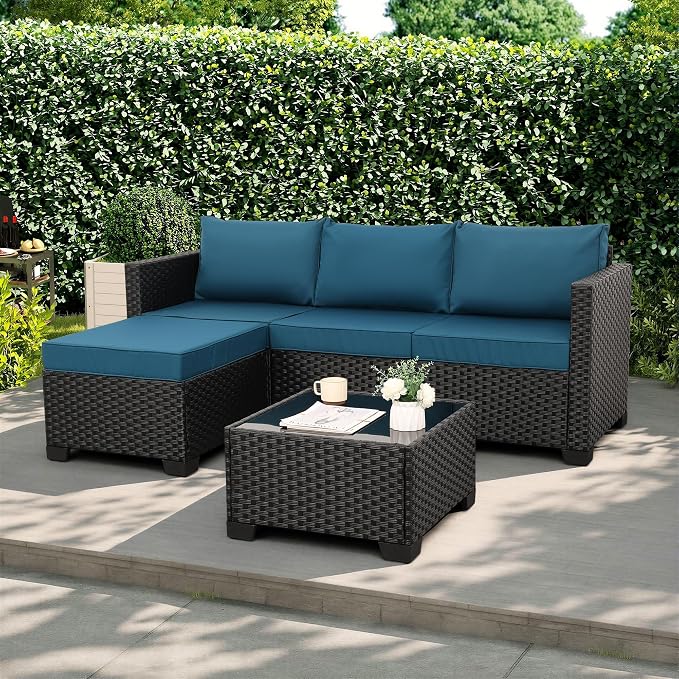 Rattaner Outdoor Furniture Set 3 Pieces Wicker Patio Furniture Outdoor Sectional Patio Couch Outdoor Coffee Table All-Weather Non-Slip Cushions Waterproof Covers, Peacock Blue