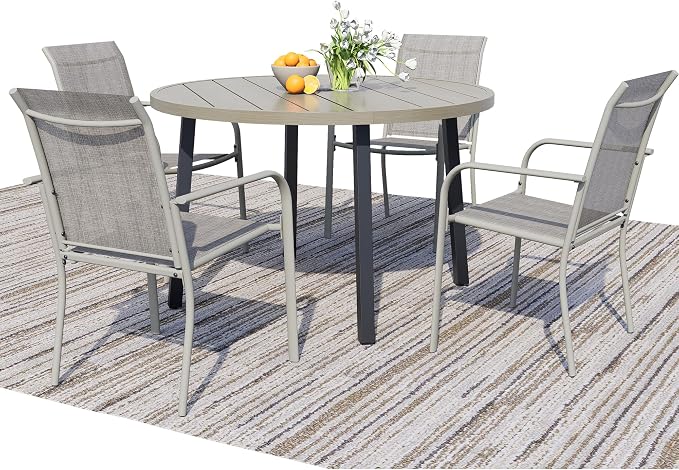 5 Piece Patio Dining Set for 4, 42” Honey Oak Round Table with Umbrella Hole and 4 Grey Patio Stackable Chairs, Patio Table and Chairs for Backyard, Lawn, Deck & Garden