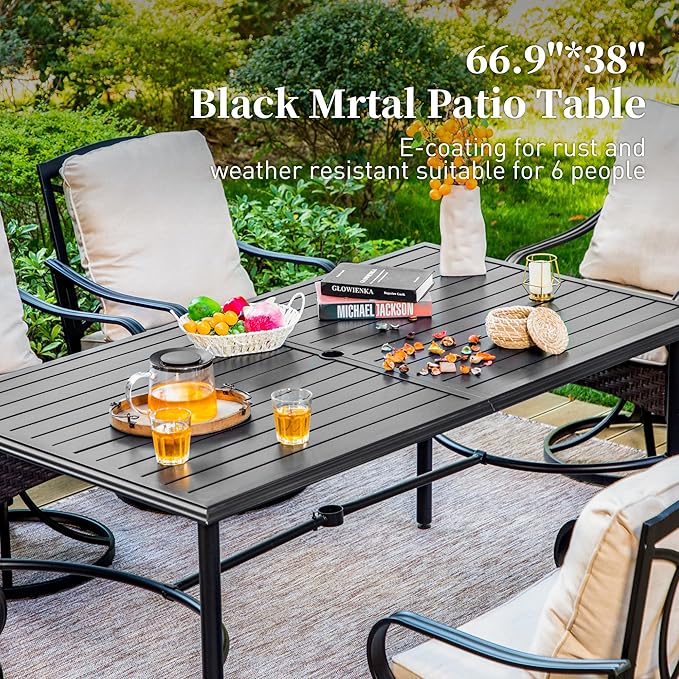 SUNSHINE VALLEY 7 Piece Patio Dining Sets for 6, Outdoor Table and Chairs with Cushioned Wicker Swivel Patio Chairs & Black Dining Table (1.57-1.9”Umbrella Hole), Outdoor Dining Sets for Lawn Backyard