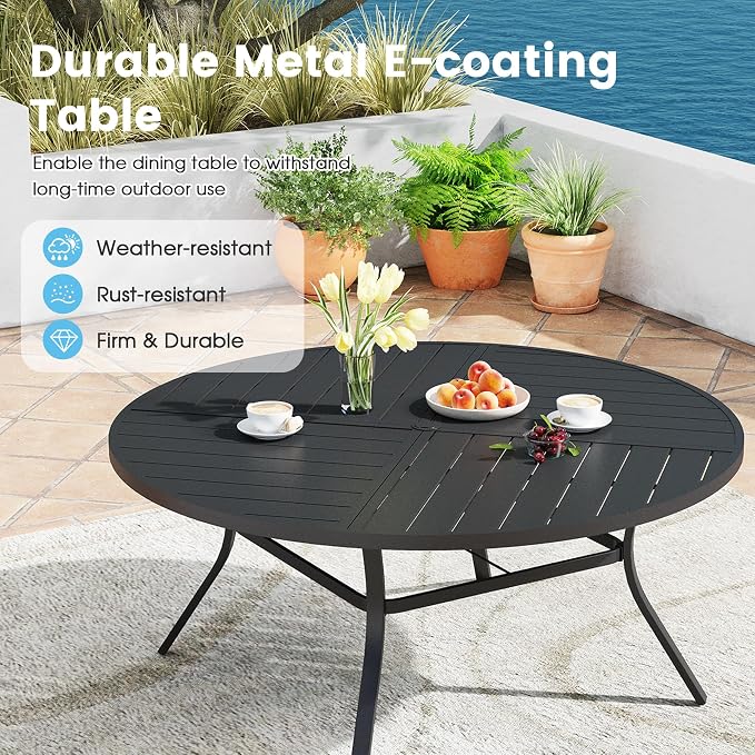 9 Pieces Patio Furniture Dining Set, 8 Textilene Swivel Dining Chairs, 60" Outdoor Round Metal Table with 1.57" Umbrella Hole, Outdoor Dining Set for Porch, Lawn, Garden, Black/Blue