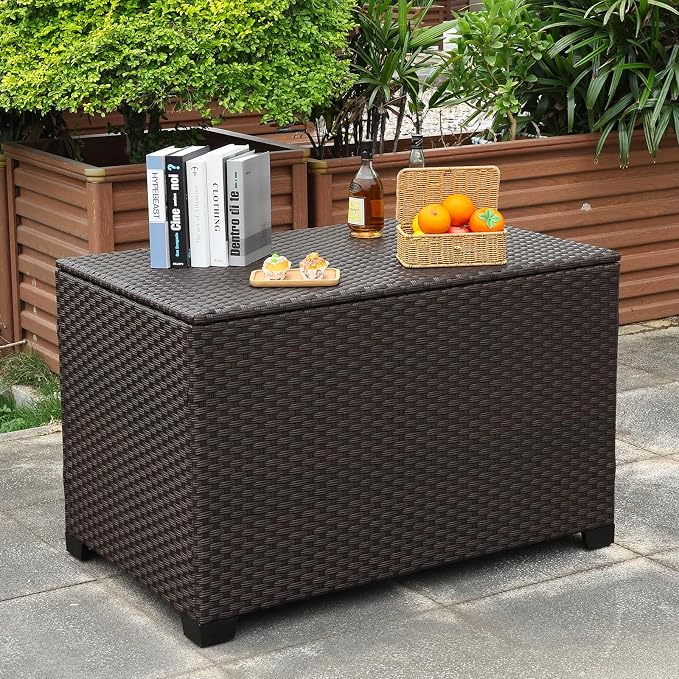 Rattaner Wicker Outdoor Storage Box 140 Gallon Patio Storage Bin with Waterproof Lining Bag Large Deck Box and Cushion Storage Bin Outdoor, Brown Wicker