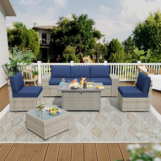 7 Piece Patio Furniture Set with 50,000 BTU Rattan Fire Pit Table that Converts to Coffee Table, 9.8" Wide Arm Sectional Sofa with Storage Armrests, Outdoor Rattan Conversation Set, Blue