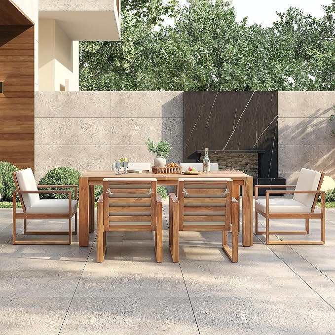 Rustic 7 Piece Patio Table and Chairs Set, Outdoor Dining Set for 6 with Umbrella Hole and Removable Cushion,for Garden Backyard Lawn Poolside (Light Teak#X)