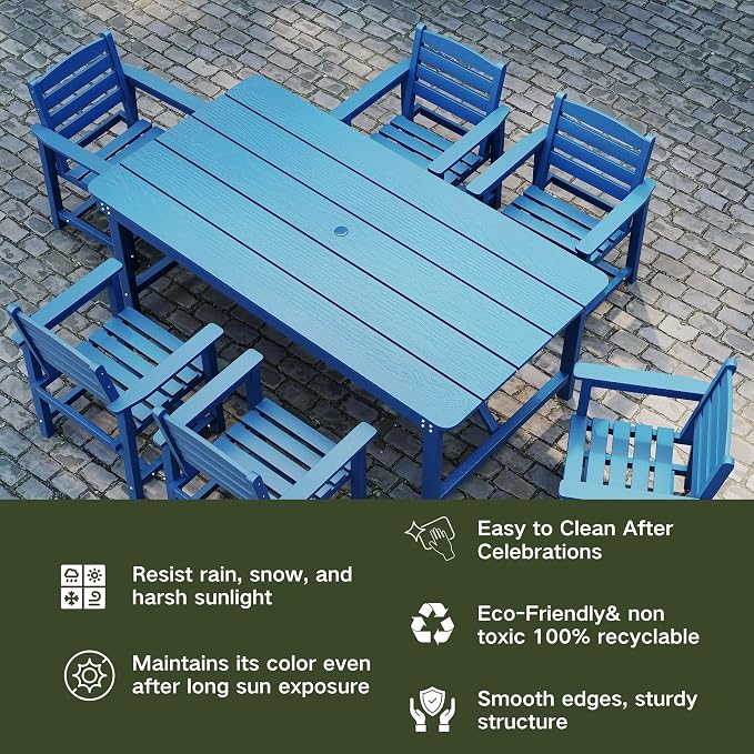 Kingdura 7 Piece Patio Dining Set for 6, HDPE Outdoor Table & Chairs with Umbrella Hole, All-Weather Outdoor Furniture Patio Conversation Set for Lawn Pool Backyard, Navy Blue