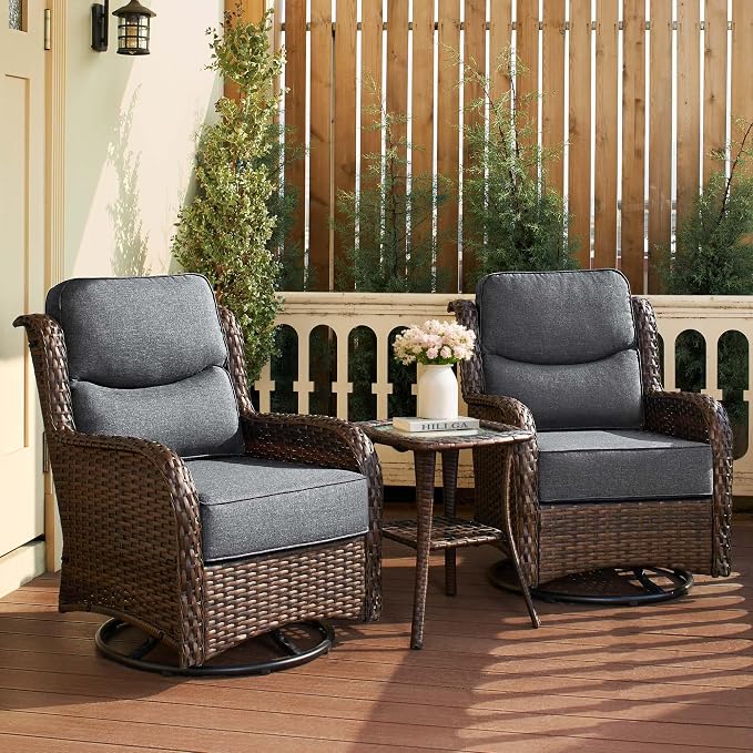 HILLGA Luxury Outdoor Patio Furniture Set with 6-Inch Thick Cushions, High Back Wicker Swivel Rocker Chairs, 3 Pcs All Weather Chairs Set for Small Porch, Deck and Sunroom, Gray (V3)