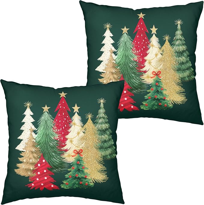 Christmas Pillow Covers 20x20 Set of 2 Green Xmas Tree Throw Pillow Covers Winter Holiday Decorative Pillowcase Double Sided Printing Cushion Case for Home Decor Sofa Couch