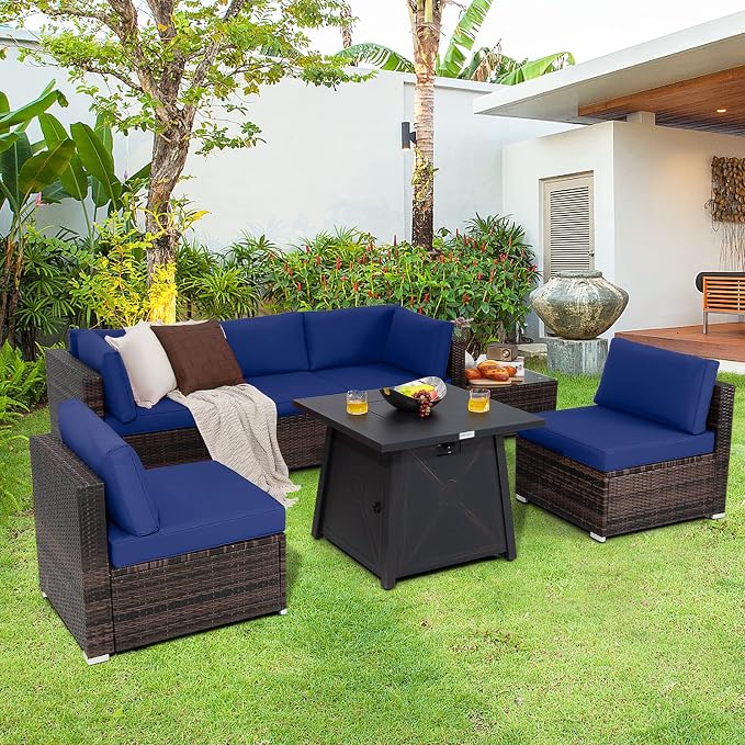 Tangkula 7 Piece Patio Furniture Set w/Fire Pit Table, Patiojoy Outdoor Rattan Conversation Sofa Set w/30 Square Propane Fire Pit Table, 50,000 BTU Heat Output, Protective Cover Included (Navy)
