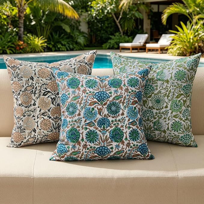 Allorry Outdoor Waterproof Pillow Covers 16x16 Green Floral Outdoor Decor | Set of 2 Vintage Floral Block Print Pillow Cover,Farmhouse Boho Decorative for Spring Summer Outdoor Sofa Bedroom Decor