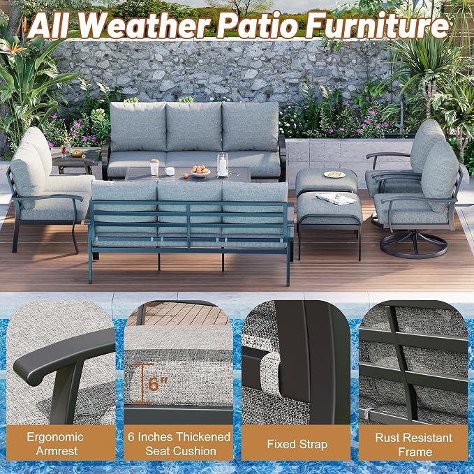 HOMREST 9 PCS Outdoor Patio Furniture Set with 2 Swivel Rocking Chairs and Metal Coffee Side Table, Patio Conversation Set with 2 Ottomans and 2 3-Seat Sofas, Loveseat for Big Garden, Deck, Poolside