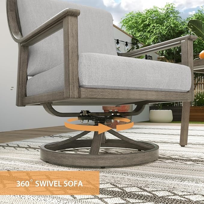 HAPPATIO 4-Piece Patio Furniture Set - Outdoor Aluminum Patio Conversation Set Includes 1 Loveseat, 2 Swivel Chairs, and 1 Coffee Table, Perfect for Porch, Deck, Garden, (Grey)