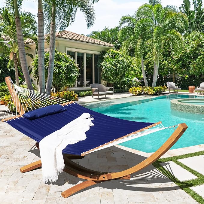 Lazy Daze Hammocks 12 FT Double Quilted Fabric Hammock and 13 FT Natural Wood Arc Stand, with Spreader Bar, Removable Pillow, 2 Person Hammock for Poolside Outdoor Patio, 450 lbs Capacity, Navy Blue