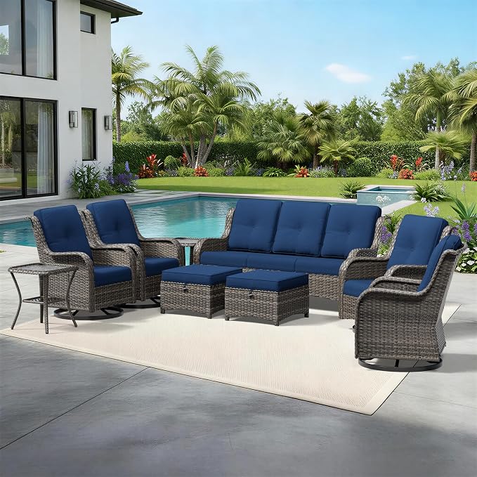 Joyside 9 Piece Wicker Patio Furniture Set, Outdoor Swivel Rocker Patio Chairs with High Back, Deep Seating, Wide Armrest, Thickened Cushions, Outdoor Furniture for Deck, Porch Use