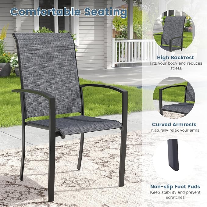 DIFY 9 Pieces Outdoor Dining Set, Metal Patio Table and Chairs Set for 8 with Umbrella Hole, 53.1" Round Dining Table and Textilene Stackable Patio Chairs for Garden Backyard Poolside, Black