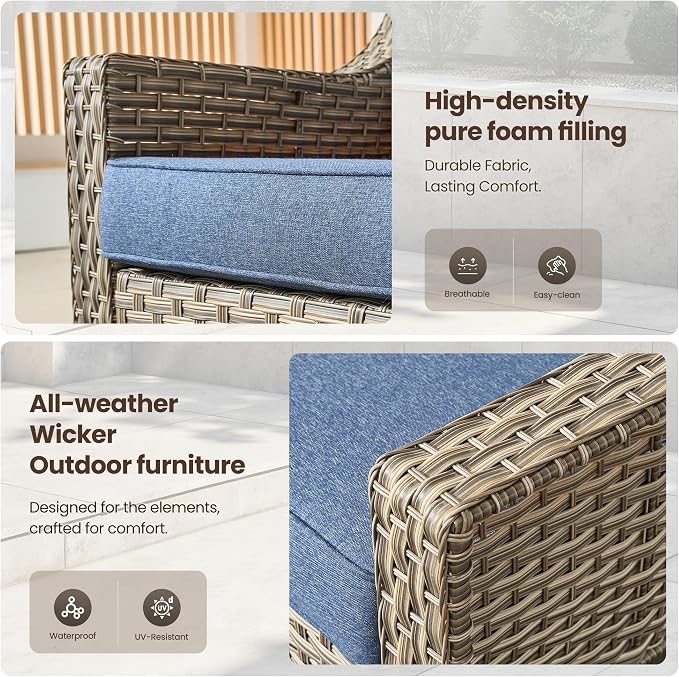 4 Piece Outdoor Patio Furniture Set, All Weather Waterproof Wicker High Back Conversation Set, Two Single Chairs, Solar Light Coffee Table, Outside Furniture for Porch Balcony, Diamond Blue
