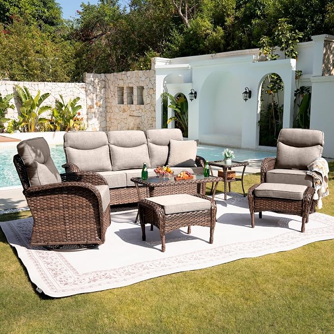 Belord Upgraded 6“ Cushion Luxury Patio Furniture Set - 7 Piece Wicker Furniture Set, Comfort Outdoor Couch and High Back Swivel Rocker Patio Chairs, Conversation Set for Deck Porch - Brown/Beige