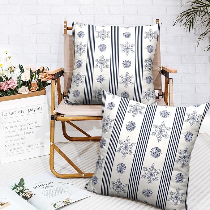 Winter Pillow Covers Blue and White Porcelain Blue Snowflakes Striped Throw Pillow Covers Navy Blue Floral Pillowcase 22x22 Set of 2 Neutral Cushion Case for Couch Sofa