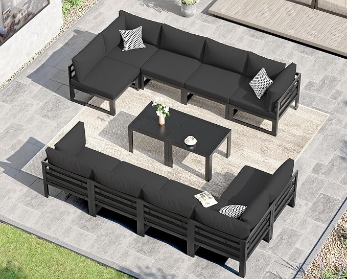 NICESOUL 12 Piece Extra Large Contemporary Aluminum Outdoor Furniture Set with End Table 29" Deep Wide Couch Set, 500 lbs High Weight Capacity Modular Patio Sectional Sofa for Poolside Deck, Black