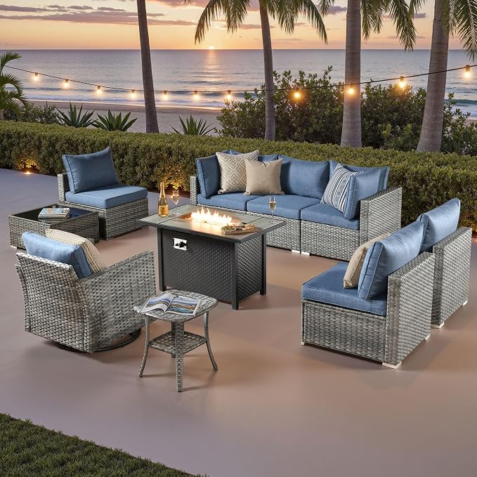 ovios 10 Piece Outdoor Patio Furniture Set with Fire Pit Table,Conversation Sectional Wicker Couch with Swivel Chairs,Modern Outside Sofa for Balcony Backyard, Beige
