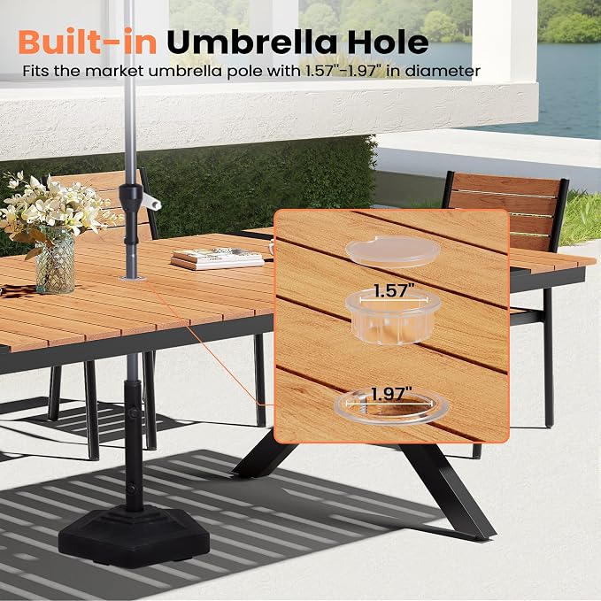 Pellebant 13 Piece Patio Table and Chairs Set, Aluminum Outdoor Dining Set with Umbrella Hole, 118" Dining Table & Stackable Chairs, Weather Resistant Teak Wood Grain Finish for Deck, Porch, Backyard