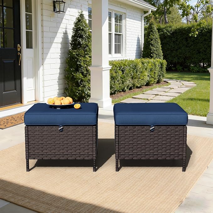 Wicker Ottomans with Cushions, Patio PE Rattan Furniture Set with Weather-Resistant Cushions for Porch, Backyard, Deck, Sunroom (Navy Blue)