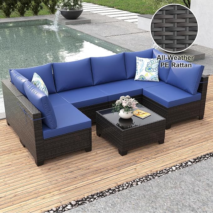 7 Pieces Patio Furniture Set, Outdoor Sectional Rattan Sofa Set, Wicker Patio Conversation Set with Cushions and Glass Coffee Table, for Balcony, Porch, Garden, (Brown/Blue)