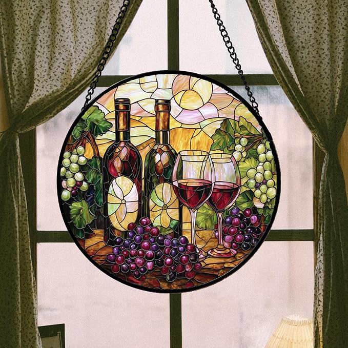 DASTOLL Stained Glass Window Hanging, Grapes and Wine Suncatcher Diamond Glass Panel Hangings Sun Catchers Decor for Birthday for Women, Men, Wife, Aunt, and Mom 14.9x14.9 in