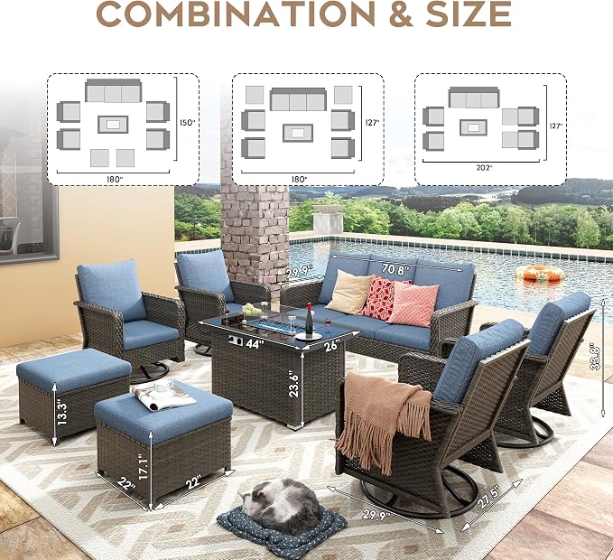 Yechen Patio Furniture Set 8 Peices with 44" Propane Gas Fire Pit Table -2 Wicker Swivel Rocking Chair, Outdoor Sectional Furniture Set with-4.3'' Cushion Conversation Sofa Set for Porch,Backyard