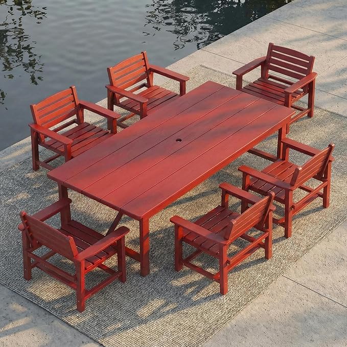 Outdoor HDPE Dining Set 7 Pieces, Patio Table with Umbrella Hole and 6 Chairs, All Weather Patio Furniture for Lawn, Garden, Backyard, Deck, Poolside, Outdoor Dining Table and Chairs, Red