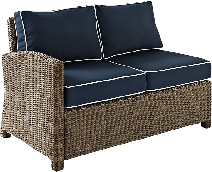 Crosley Furniture Bradenton 5-Piece Outdoor Sectional Sofa Wicker Conversation Patio Furniture Set for Deck, Brown with Navy Cushions