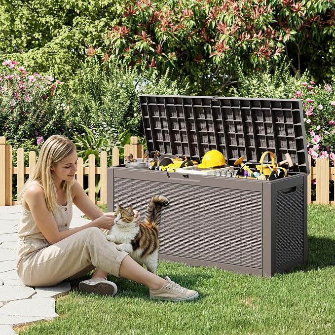 Outdoor Storage Box, 60 Gallon Resin Deck Boxes Outdoor Waterproof For Patio Furniture, Garden Tools, Pool Supplies, Lockable And UV Resistant (Rattan Gray)