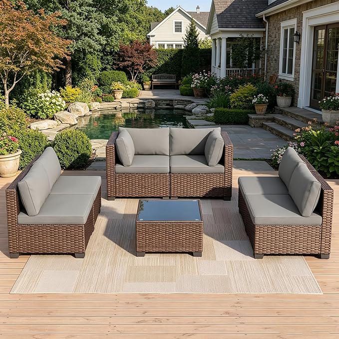 MOCHITO 7 Pcs Outdoor Patio Furniture Sets Brown Rattan Grey Cushions | All-Weather Sectional Sofa, with Glass Table, PE Rattan Wicker Patio Furniture , Washable Cushions, for Balcony Porch Garden