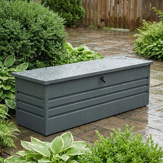 260 Gallon Metal Outdoor Storage Box, Large Patio Storage Container | Lockable Deck Box, Hydraulic Lid, Weather Resistant, For Furniture Cushions, Garden Tools, Pool Accessories